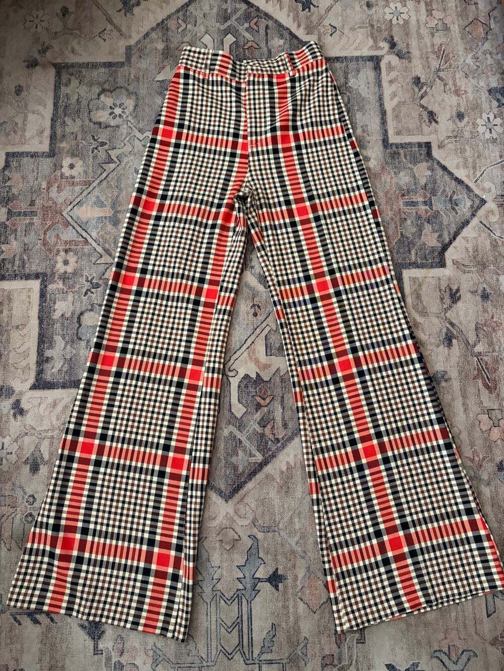 Free People Jules Plaid Pants 0 Wide Leg Flare High Rise Red Black Retro 70s